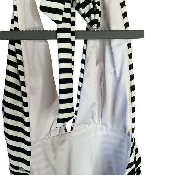 CUPSHE One-Piece Swim Suit Floral Stripes Deep V Halter Style Open Back Size L - Picture 9 of 14